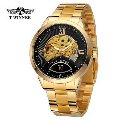 China Brand 8183 Mens Skeleton Watch Stainless Steel Luxury Mens Watches T-WINNER Business Gold Automatic Mechanical Male Wrist Watch for sale