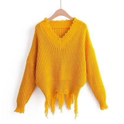 China Wholesale New Luxurious Solid Cropped Anti-Wrinkle Tassel V-Neck Crew Neck Knit To Knit Long Sleeve Blouse Plus Size Women's Sweater for sale