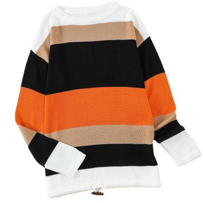 China Fashionable Soft Color Block Cotton Tassel Anti-wrinkle Crewneck Stripes Long Sleeve Custom Logo Pull Over Sweater Plus Size Women's Sweater for sale