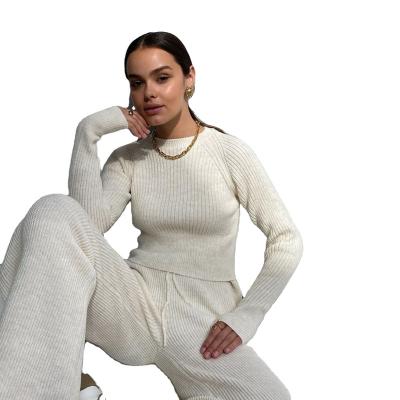 China High Quality Custom Made Anti Shrink 2 Pieces Womens Fall Sweater Sets With Striped Casual Luxury Knit Wide Leg Womens Knitted Long Pants for sale