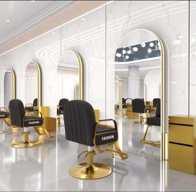 China 2021 Modern Large Decorative Hair Dressing Simple Beauty Side Led Barber Shop Station Furniture Set Gold Salon Mirror for sale