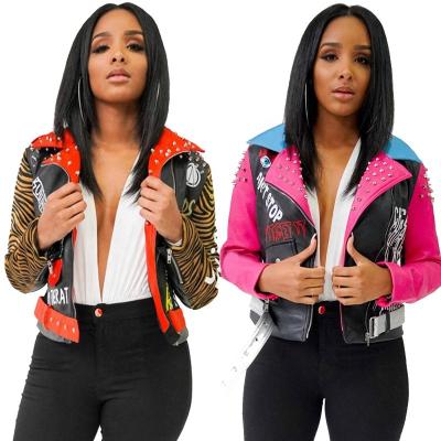 China 2021 Spring Rivet Jacket Printing PU Leather Jacket Breathable Leather Motorcycle Women for sale