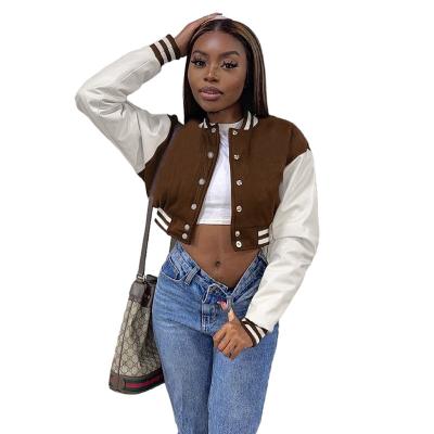 China 2021 K21C06466 Autumn Casual Breathable Single Button Leather Patchwork Top Breasted Long Sleeved Hot Sale Women Baseball Uniform Jacket for sale