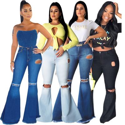 China New Arrivals Breathable Distressed Jean Pants For Women Blue Stretchy 2021 Flares High Waist Plus Size Jeans for sale