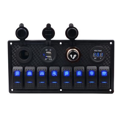 China 8gang 5PIN Hot Rocker Boat Bus Car Marine Automotive On /off Panel Switch Panel Marine With Dual USB Voltmeter Cigarette Lighter 23.5*12*7.5cm for sale