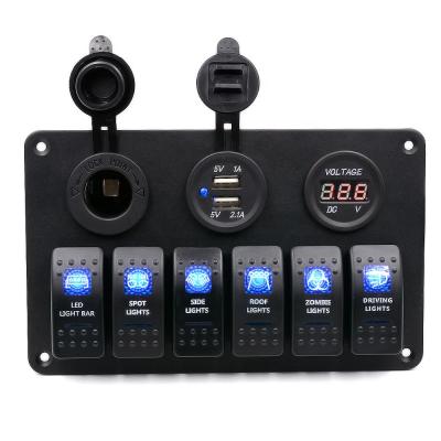 China USB ChargerCigarette 5 Pin Strip Auto Boat Car 6 PIN Strip Marine Panel Rocker On/Off Switch Lighter Aluminum Switch Panel With Usb Charger Voltmeter for sale