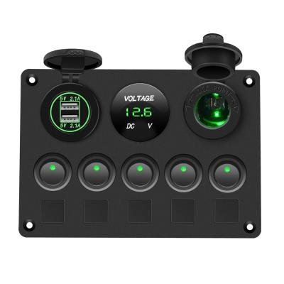 China 4.2A green double usb+ green button voltmeter +12V with lamp holder five series small panel switch CS-666B2 for sale