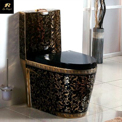 China Floor Mount Luxury Modern European Vintage Black And Gold Odorless Siphon Power Flush One Piece Toilet Bowl for sale