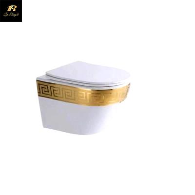 China Hidden Cistern High End Bathroom Designs Vaso Sanitario Easy Clean Wall Hung Hidden Water Cistern White Gold Ceramic Toilet for sale