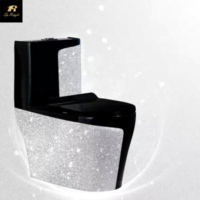 China Sleek and Elegant Style Bathroom Water Saving Silver Diamond Sanitary Shiny Ceramic Black One Piece Ware Toilet for sale