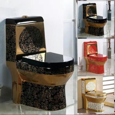 China European Double-Flow Easy Clean Gold Plated Lavatory Red Sanitary Luxury One Piece Ceramic Gold Siphon Bathroom Ware Black Toilet for sale