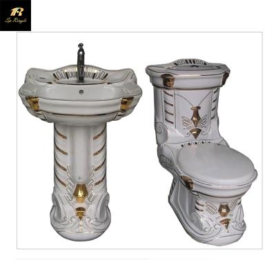 China White Gold Modern Luxury European Style Double Siphon Wash Basin Two Piece Flush Ceramic Sanitary Toilet for sale