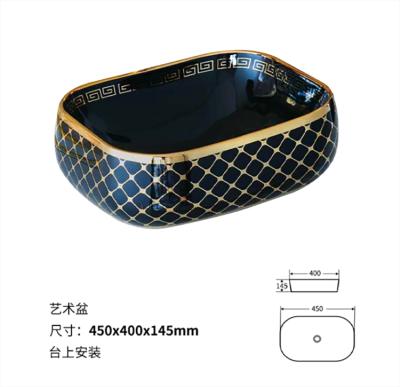 China European Modern Style European Luxury Non Yellowing Easy Clean Gold Plated Ceramic Black Square Bathroom Vanity Sink for sale