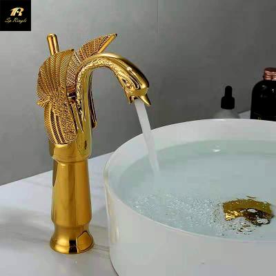 China Bathroom Luxury Single Hole Faucets Anti Corrosion Single Handle Basin Mixer Tap Gold Golden Swan Brass Faucet for sale