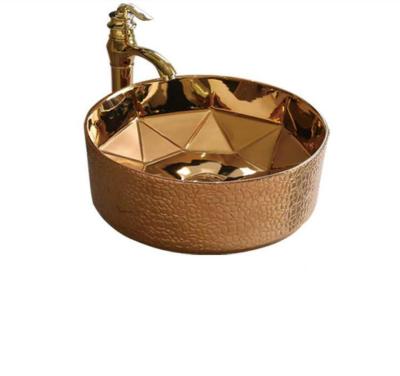 China Modern Mesa Bathroom Design Plating Arts And Crafts Ceramics Freestanding Mounted Gold Sink Wash Basin for sale