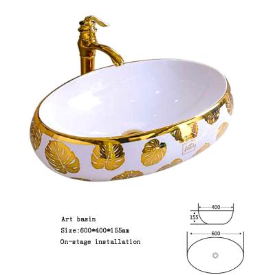 China Contemporary Luxury Bathroom Sink White Gold Plated Ceramic Lavatory Art Phnom Penh Hand Oval Countertop Basin for sale