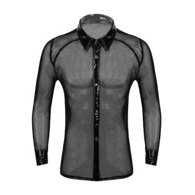 China Workable Turn-Down Collar Mens Long Sleeve Shirt Patent Leather Mesh Patchwork Tops Mesh Undershirts Transparent for sale