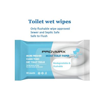 China Flushable & (wood pulp + viscose) Provmax 100% Wood Pulp Degradable Squishy Tissue Toilet Wipes 50pcs Toilet Tissue Paper Flushable for sale