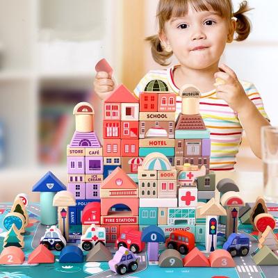 China Building Toy 115 Pcs Geometric Shapes Assembled City Scene Blocks Wooden Toy Kids Educational Building Block for sale