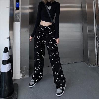 China Straight Ladies Anti-Wrinkle Hip Hop Pants Spring And Print Wide Leg Autumn Ins High Street Love Pants High Waist Loose Casual Pants for sale