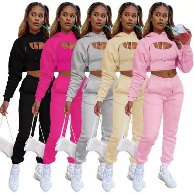 China Breathable Wholesale Three-piece Suit With Fleece Drawstring Hoodie Cotton Women's Autumn Clothing for sale