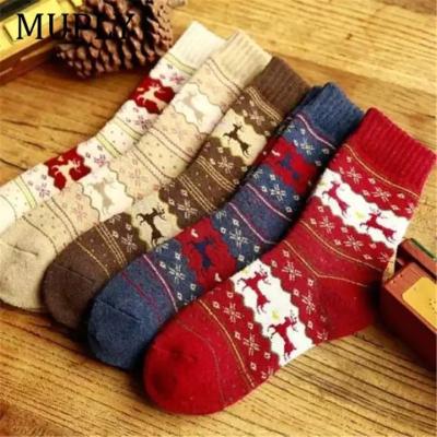 China Antibacterial Custom Made Winter Wool Warm Christmas Mid Calf Socks Cozy Snowflake Wool Deer Gift Women Socks for sale