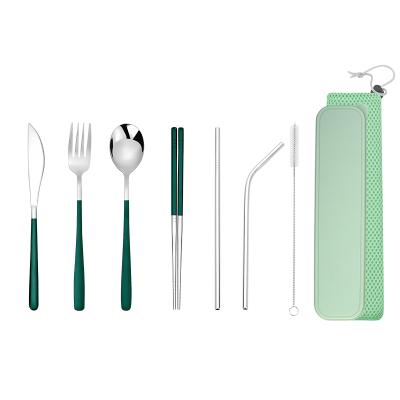 China Viable Silverware Reusable Portable Cutlery Set Polish Stainless Steel Mirror Spoon 7pieces Fork Knife and Straws Travel Camping for sale