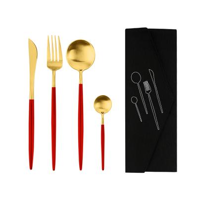 China Sustainable Portable Cutlery Set Reusable 304 Stainless Steel Spoon Fork With Black Bag for sale