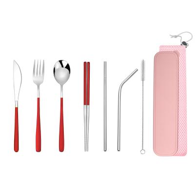 China Viable Reusable Portable Cutlery Set Korean Stainless Steel 7pcs Silver White Handle Spoon and Fork Set Travel for sale