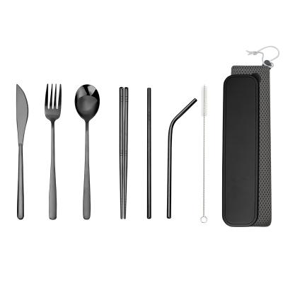 China Travel Sustainable 7pcs Hot Selling Spoon and Fork Straws Stainless Steel Camping Reusable Portable Cutlery Set for sale