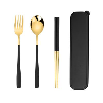 China Viable Korean Style 3pcs Portable Cutlery Set Gold Spoon Fork Chopsticks Set With Case Travel Flatware for sale