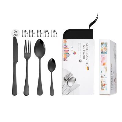 China Sustainable Mirror Polishing Stainless Steel Portable Flatware Set 24 Pcs Cutlery Set With Black Bag for sale