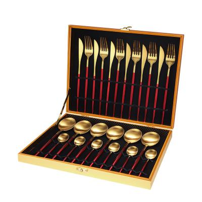 China Viable 24 Pieces Cutlery Set Fork Set Stainless Steel and Gold Dinnerware Box Spoon Mirror Handle Wooden Polish Green Tableware for sale