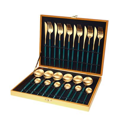 China Viable 24 Pieces Cutlery Set With Gift Box Gold Plated White Handle Stainless Steel Fork Knife Spoon Flatware Metal Dinnerware Set for sale