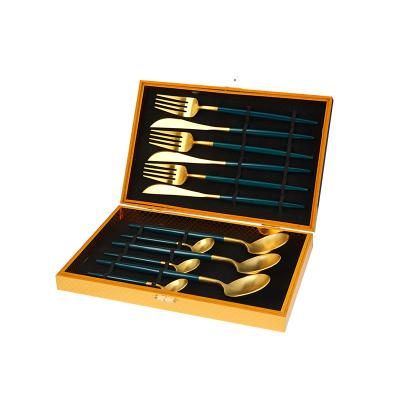 China Viable Cutlery Fork And Spoon Luxury Matte Gold Box Wedding Flatware Stainless Steel Kitchen Utensils Cutlery Set Wood 12 Pieces for sale