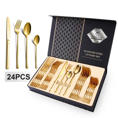 China Viable High Quality Luxury Gold Fork Spoon Flatware Set Stainless Steel Cutlery 24pcs Set With Gift Box for sale