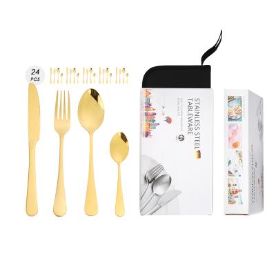 China Viable Gold Cutlery Set 24pcs Stainless Steel With Black Bag Spoon Fork Knife For Gift for sale