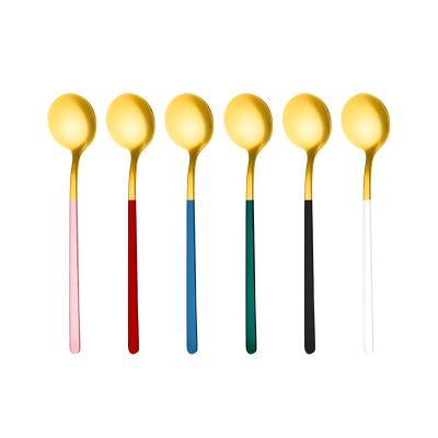 China Sustainable Wholesale Korean Printed Teaspoon Stainless Steel Handle Gold Plated Ice Cream Cupping Spoon for sale