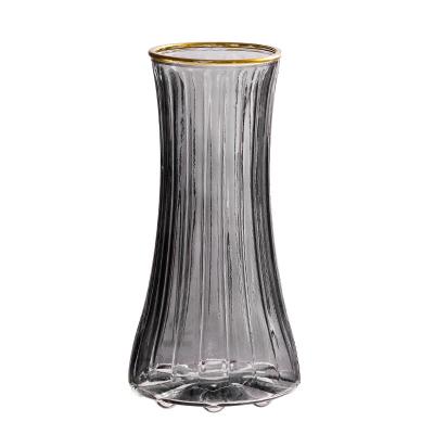 China Art Deco Multicolor Transparent European Style Vertical Striped Pastoral Glass Vase For Flowers With Gold Rim For Farmhouse Home Decor for sale