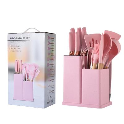 China Sustainable Wholesale 19 Piece Silica Gel Kitchen Utensil Set Set With Wooden Handle And Cups Board Storage Bucket Kitchen Gadget Set for sale