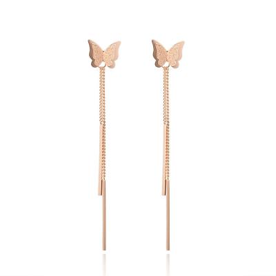 China Marlary Korea Stainless Steel Female Elegant Personality Tassel Butterfly Long Stud Stainless Steel Gold Plated Earrings for sale