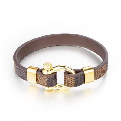 China FASHIONABLE New Arrival Male Jewelry Stainless Steel Leather 18K Gold Plated Mens Leather Bracelet for sale