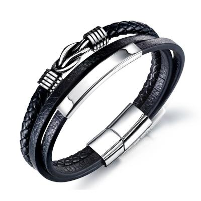 China 2020 Trendy Italy Handmade Style Black Multi Layer Men Leather and Stainless Steel Bracelets for sale