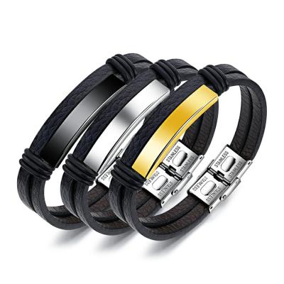 China Black Engraved Leather Bracelet Stainless Steel Leather Marlary Bracelet For Men for sale