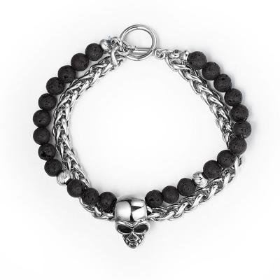 China Fashionable Wholesale Double Layered Charm Lava Bead Stainless Steel Link Chain Skull Bracelet for sale