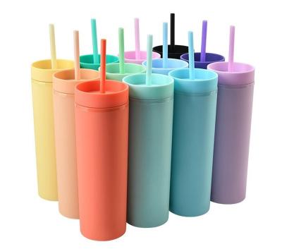 China Viable Multi Color Plastic Acrylic Skinny Tumbler Cups With Lids And Straws Double Layer Matte Tumbler With Straw Water Bottle for sale