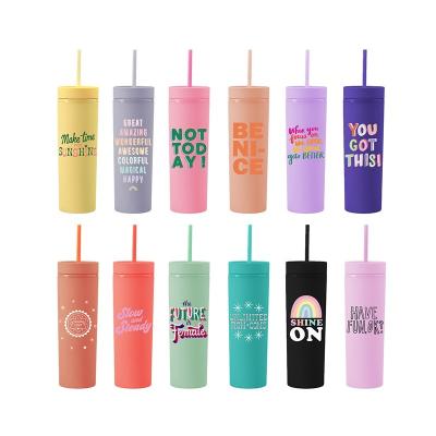 China Plastic Double Wall Sustainable Matte Skinny Tumbler with Matching Straw Travel Cup Personalized with your name, logo, or your own design for sale