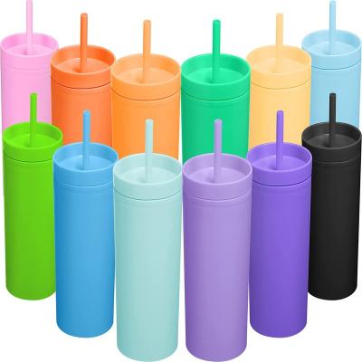 China Viable Plastic Skinny Tumblers With Lids And Travel Straw Double Wall Skinny Straight Matte Reusable Cups Tumblers With Lids Straws for sale