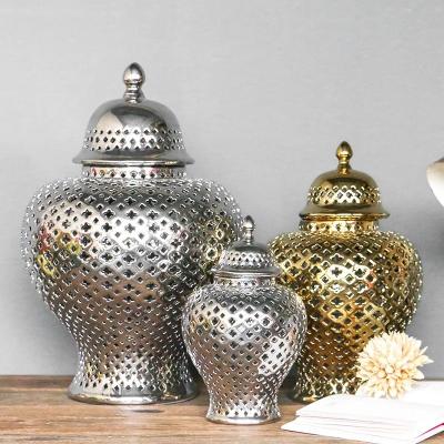 China European style Wholesale wedding decor gold hollow-out ginger jar ceramic big white jar sets silver color jar sets for sale