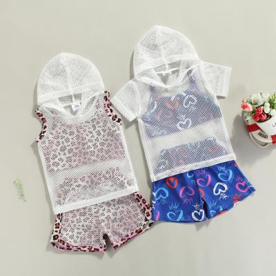 China Summer Casual Tracksuit Kids Hooded +Leopard Sling+Casual Net Tops Shorts Outfits 3Pcs Kids Clothing for sale